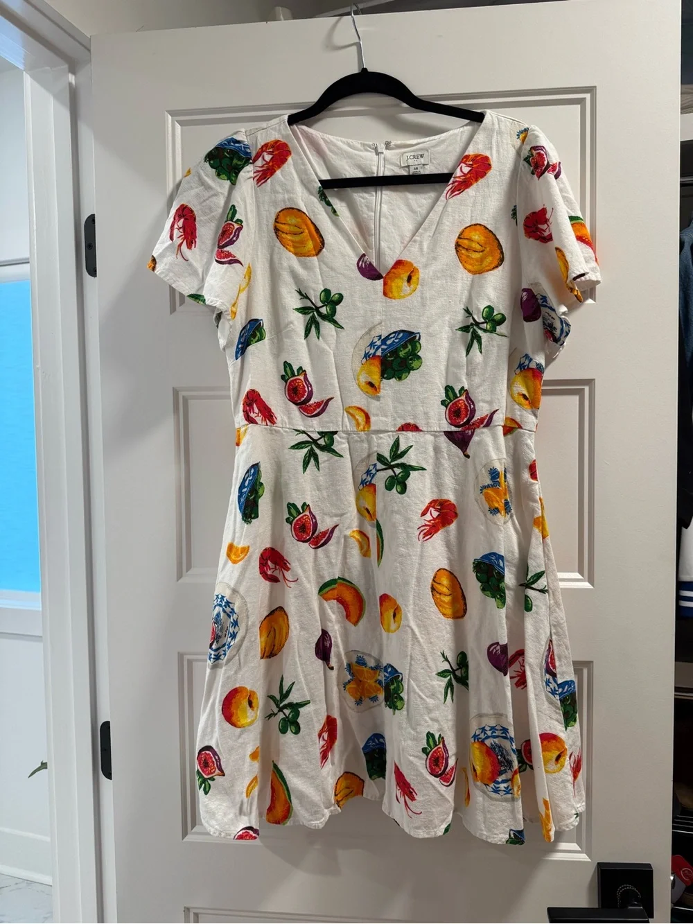 J. Crew White Fruit-Print Cotton Dress with Multicolor Fruit Motifs